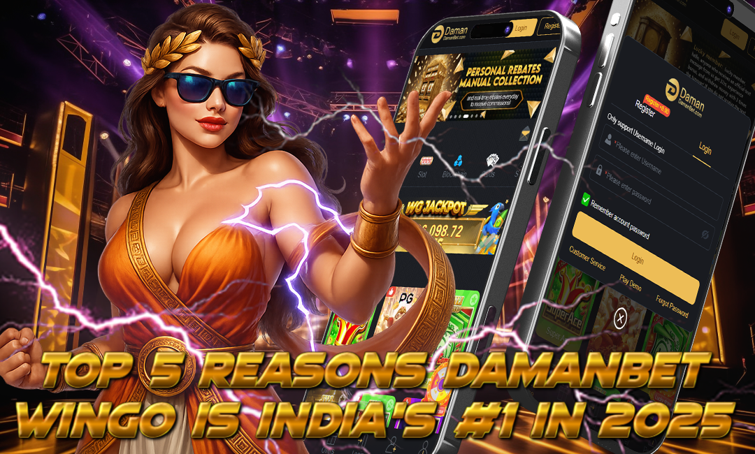 A powerful woman in a golden-orange toga and sunglasses, surrounded by electric energy, stands confidently in front of two large smartphone screens showing the DamanBet Wingo app interface. Glowing gold text at the bottom reads: "TOP 5 REASONS DAMANBET WINGO IS INDIA'S #1 IN 2025."