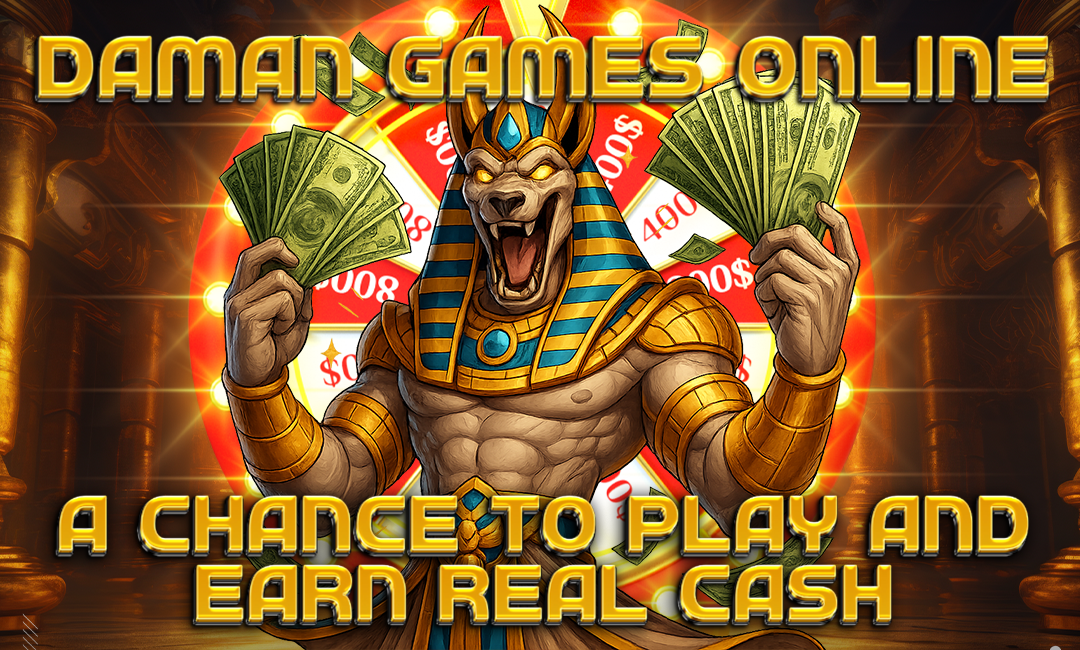 A stylized image promoting Daman Games Online, featuring a powerful Anubis-like Egyptian warrior holding stacks of cash in both hands. Behind him is a bright red and gold prize wheel displaying large dollar amounts. The golden text on the image reads: "DAMAN GAMES ONLINE – A CHANCE TO PLAY AND EARN REAL CASH."