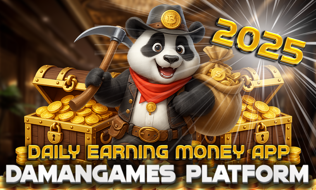 A cheerful cartoon panda dressed as a gold miner holds a pickaxe and a sack of coins, standing in front of overflowing treasure chests. The image includes the text “2025” and “Daily Earning Money App – DamanGames Platform.