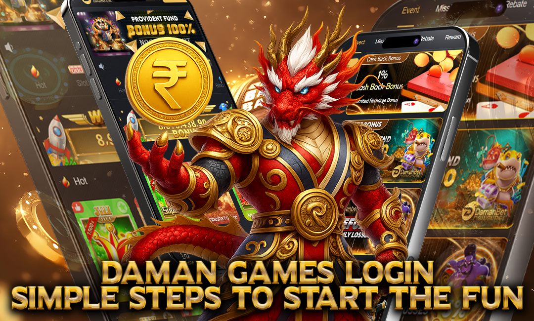 A vibrant promotional banner for Daman Games featuring a fierce red dragon warrior in ornate golden armor, holding a large golden coin with a rupee symbol. Behind the dragon, multiple smartphone screens display various colorful game interfaces and bonus offers, creating an energetic and adventurous gaming atmosphere. The text reads, "Daman Games Login - Simple Steps to Start the Fun."