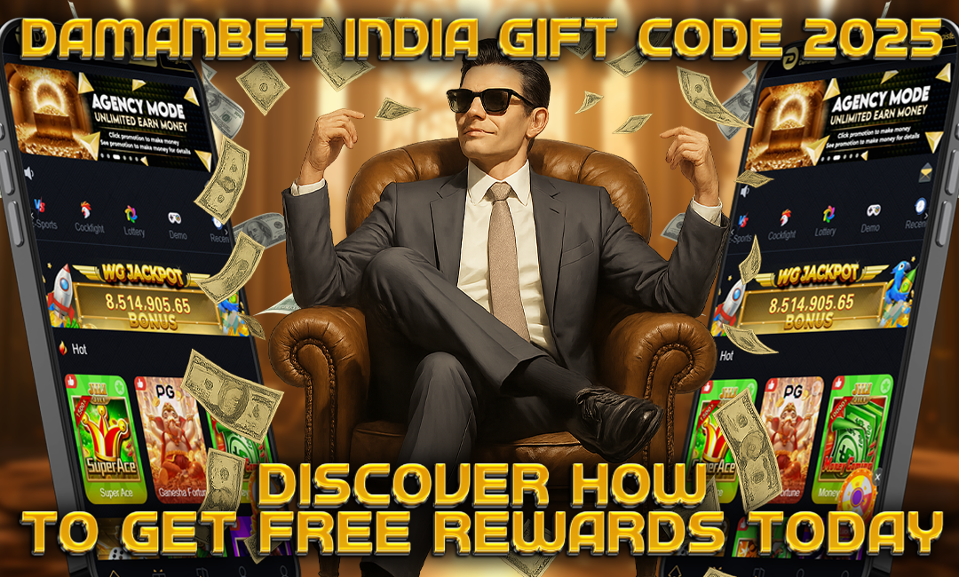 A confident man in a black suit and sunglasses relaxes on a leather chair surrounded by flying cash and large smartphones displaying a gaming platform with jackpot bonuses. Text on the image reads “DamanBet India Gift Code 2025 – Discover How to Get Free Rewards Today.”