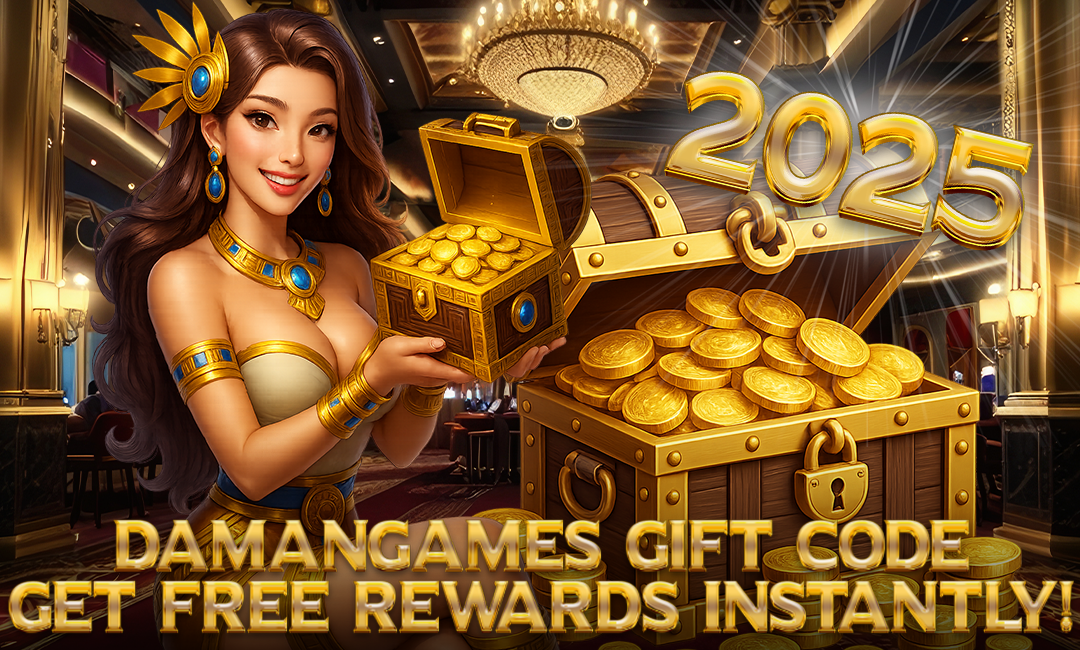A beautifully dressed fantasy woman holding a treasure chest full of gold coins stands in a luxurious casino setting. Behind her is a larger open treasure chest overflowing with coins and the golden text "2025" above it. Bold caption reads: “DamanGames Gift Code – Get Free Rewards Instantly!”