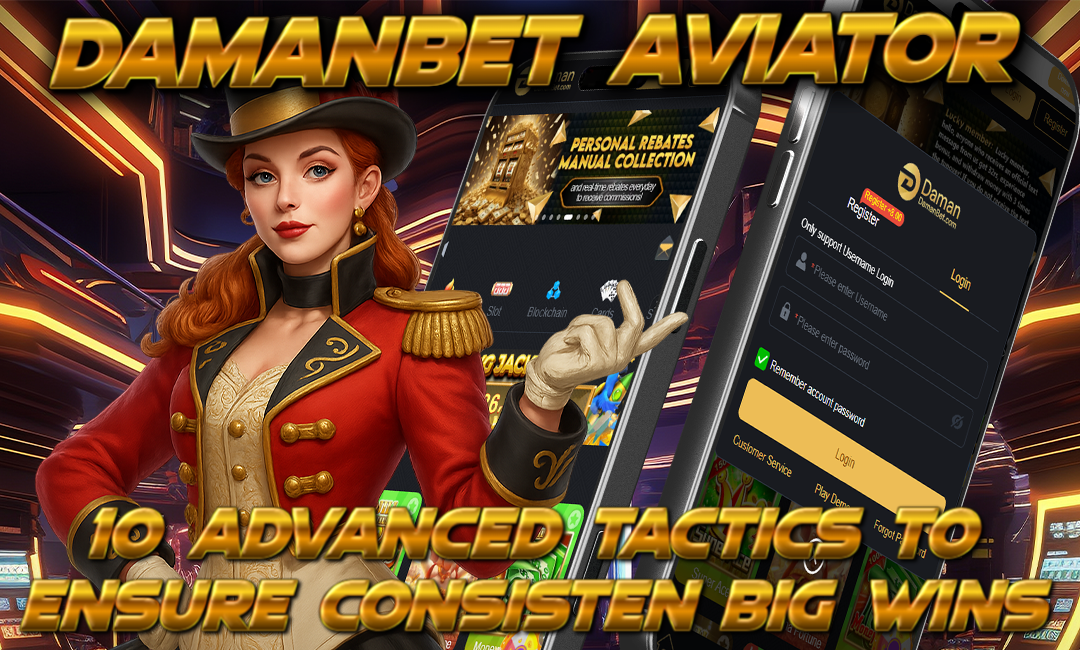 A confident red-haired woman in a ringmaster-style outfit points to a floating smartphone screen displaying the DamanBet Aviator login page. Bold golden text reads: “10 Advanced Tactics to Ensure Consistent Big Wins.”