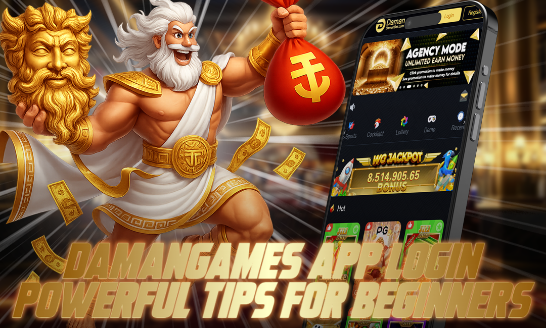 A cheerful, powerful Greek god-like character in white and gold robes holds a golden mask and a red coin pouch, standing next to a mobile screen displaying the DamanGames app interface. Gold coins and energy beams surround the scene. Bold golden text reads: “DamanGames App Login – Powerful Tips for Beginners.”
