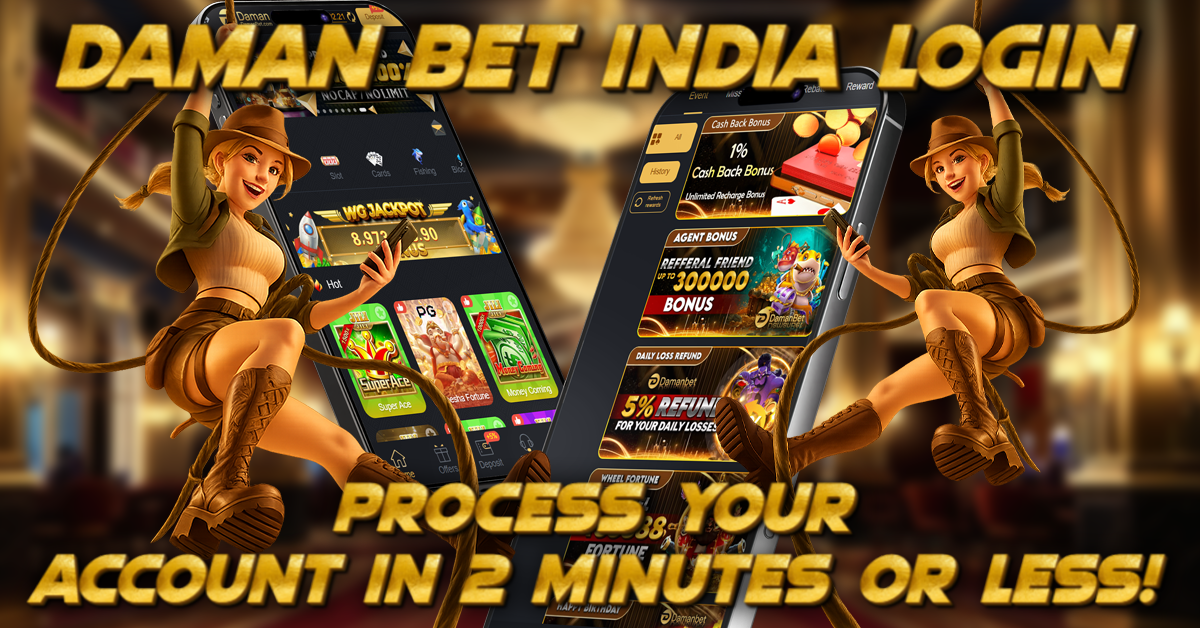 An adventurous female character in explorer attire swings across the screen holding a phone, with two large smartphone displays in the background showcasing the DamanBet app. Bold golden text reads “Daman Bet India Login – Process Your Account in 2 Minutes or Less!”